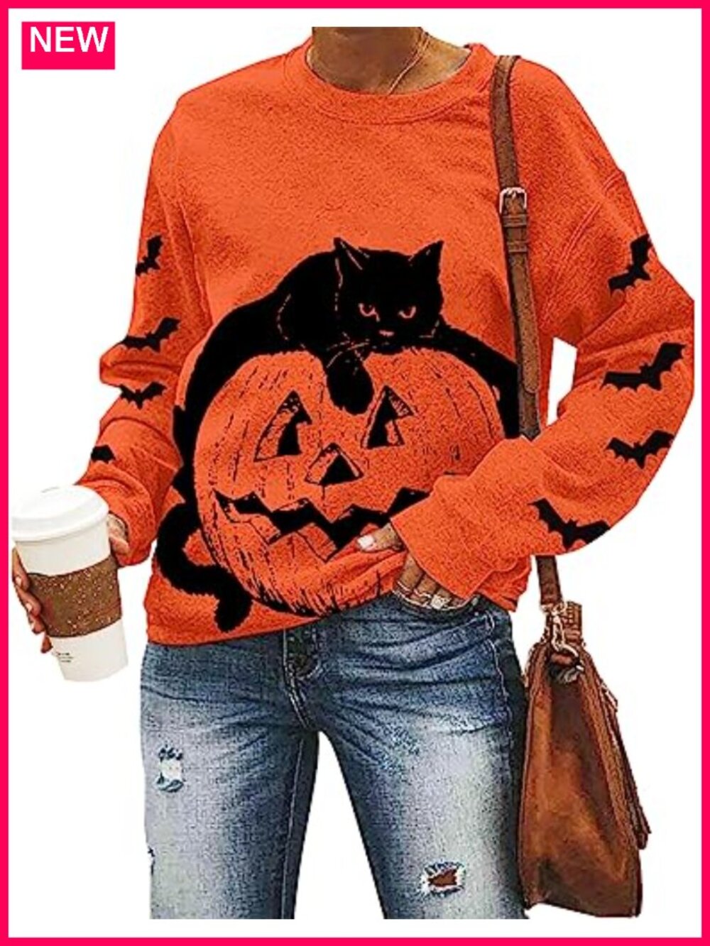 Cotton Polyester Halloween Black Cat Pumpkin Sweatshirt Women Lightweight